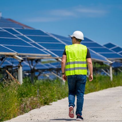 solar energy farm with a male green energy engineer