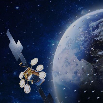 A satellite orbits Earth amid a constellation of communication satellites in space.